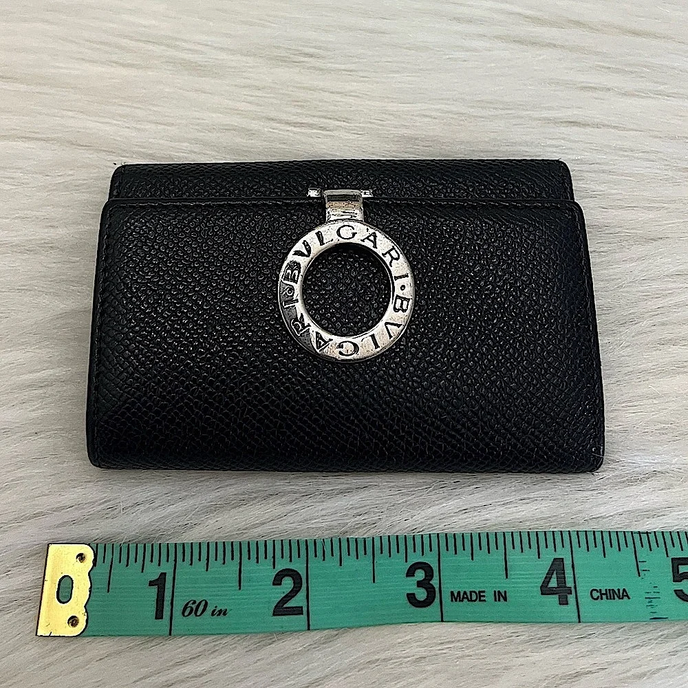 BVLGARI - BLACK SILVER TEXTURED LEATHER COMPACT KEY HOLDER CASE WALLET